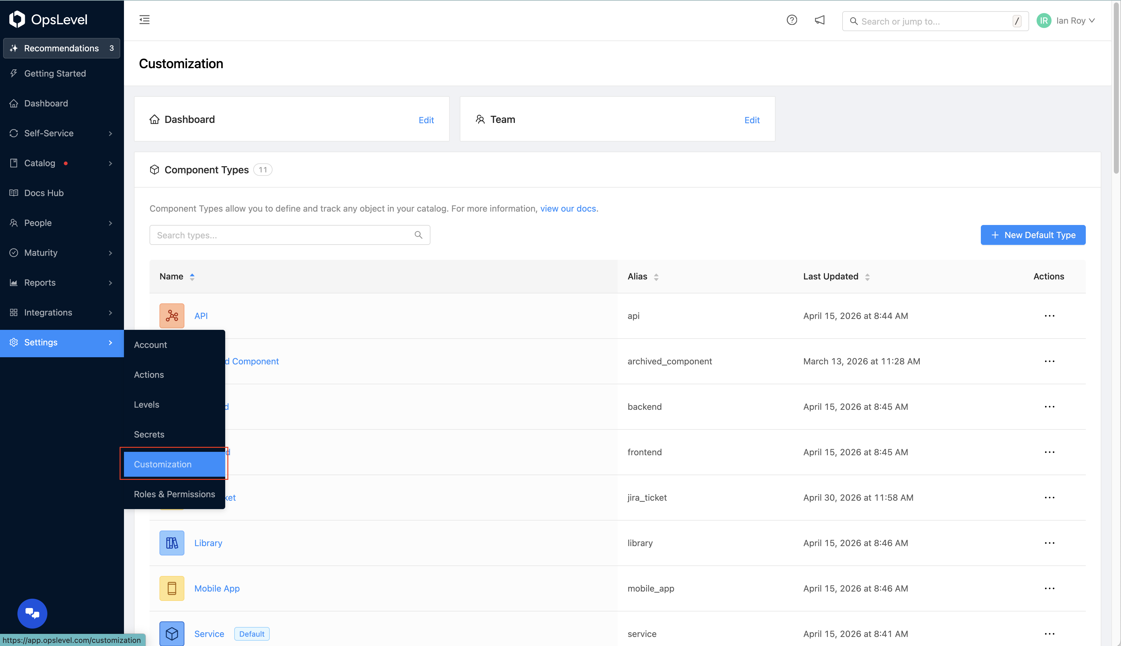 Settings menu with Component Types visible.