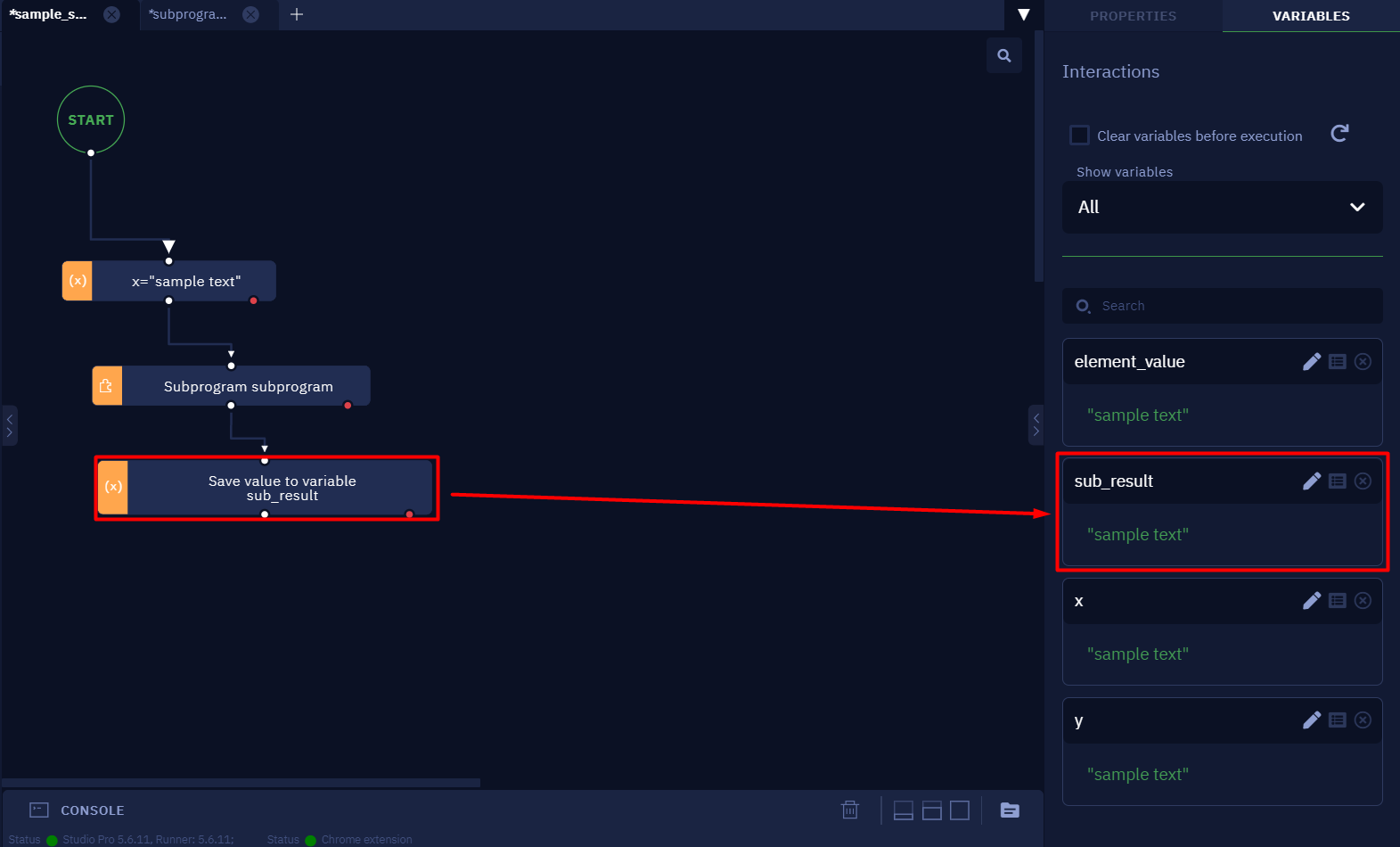 Main program. This activity saves the result from the subprogram to a new variable.