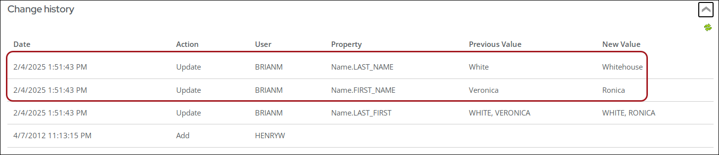 Example change history log