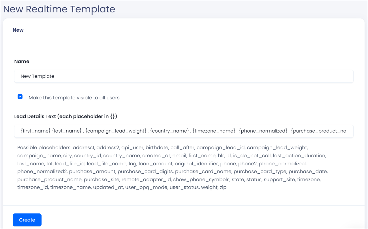 Screenshot of adding a realtime template