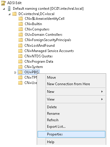 Properties menu for an OU in ADSI Edit