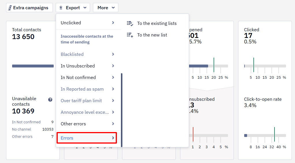 Campaign report Export menu open with the Errors option highlighted, showing To the new list and To the existing lists actions
