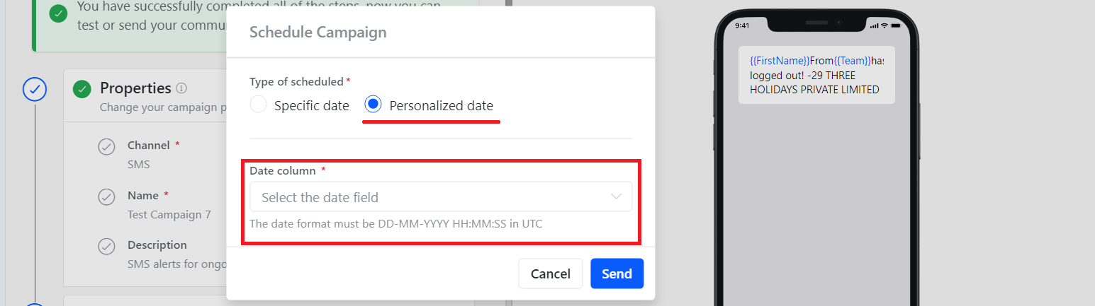 SMS personalized date schedule option