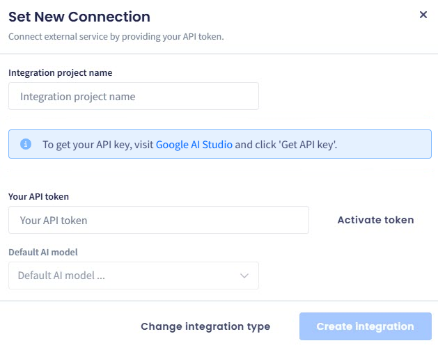 Screenshot with setting new integration
