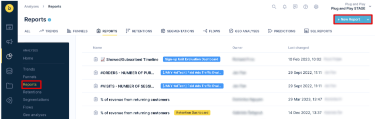 New report creation screen showing available report templates