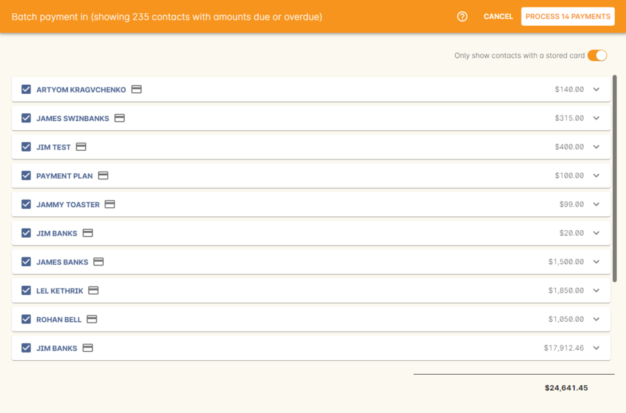 The Batch Payments In window showing 14 payments overdue