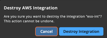 Destroy integration confirmation dialog with a text field requiring keyword entry before confirming.