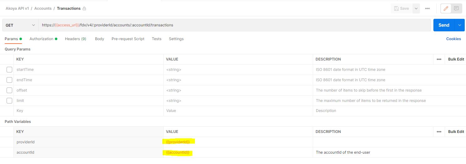 Postman Screen - Transactions endpoint