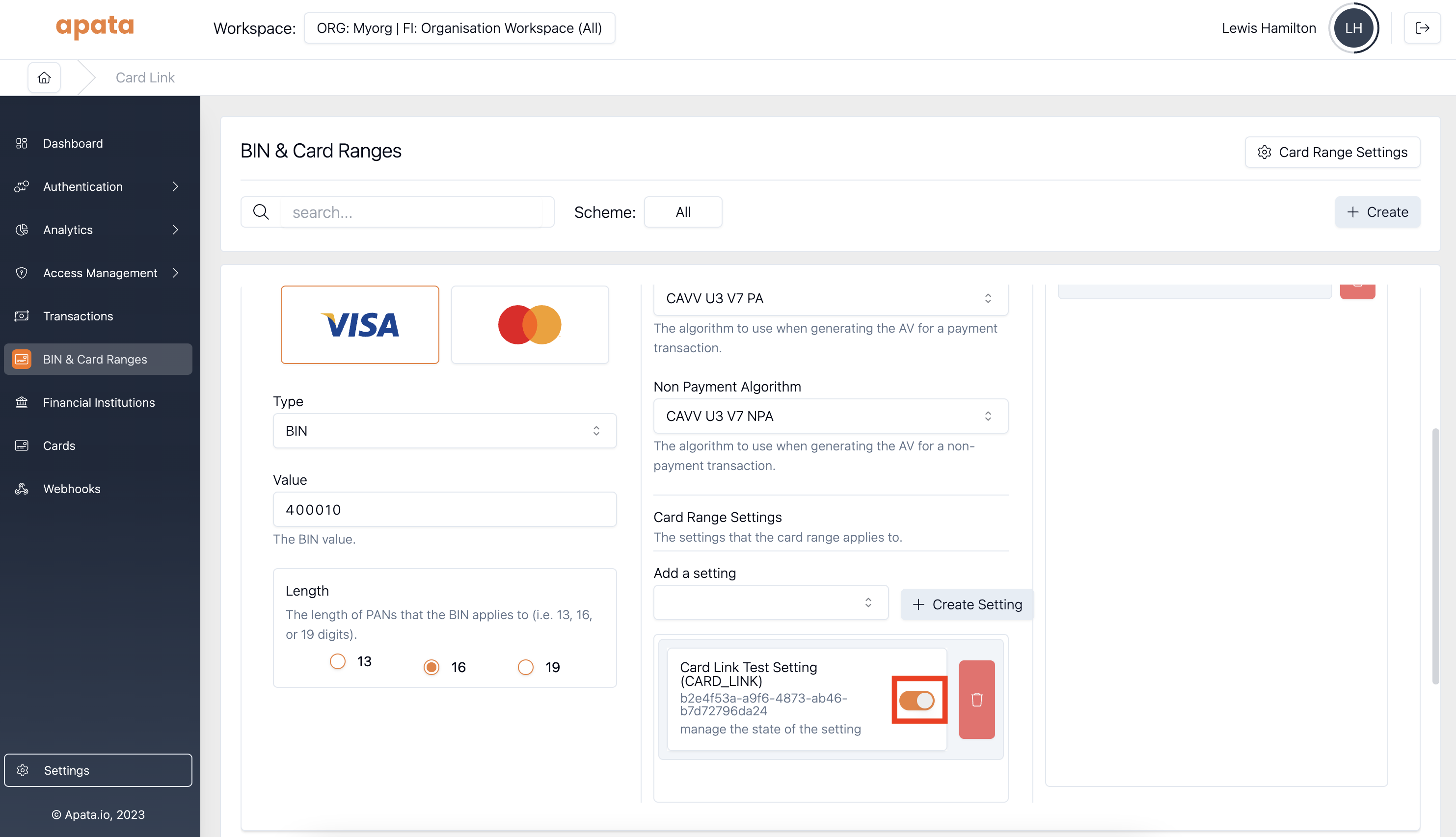 Card range setting toggle highlighted