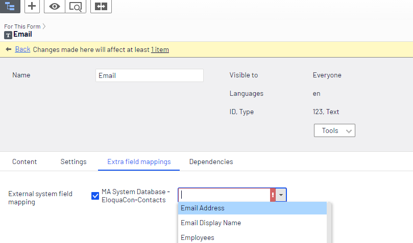 Screenshot of the Extra field mappings tab where mapping a form field to the Eloqua emailAddress database field
