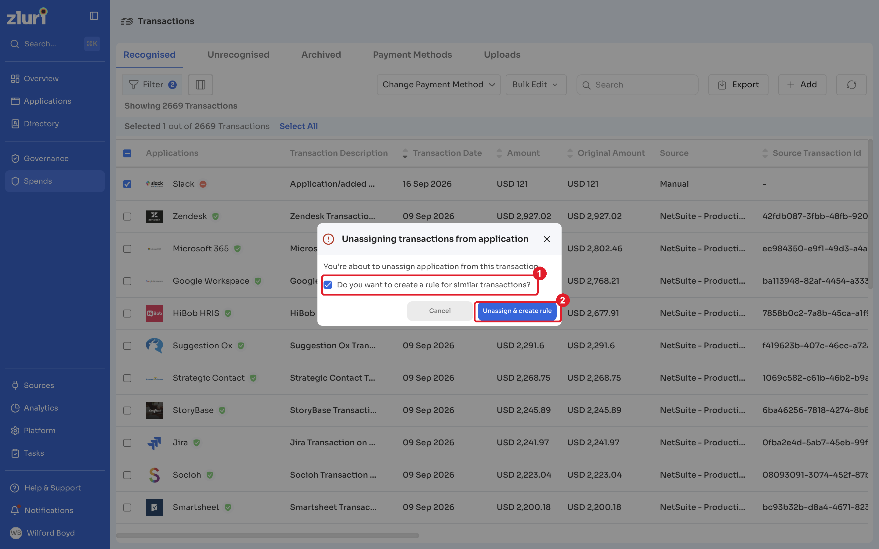 Unassigning transactions from application with the create rule option