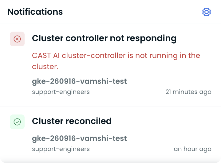 Cast AI console Notifications panel showing recent cluster alerts
