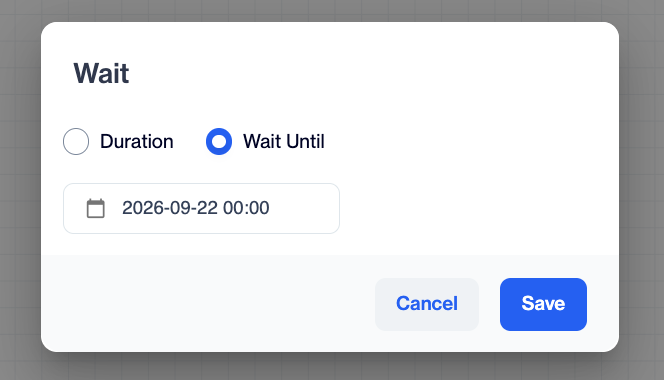 Wait dialog with the Wait Until option selected and the date field filled with a date and time in year, month, day, hour, and minute format.