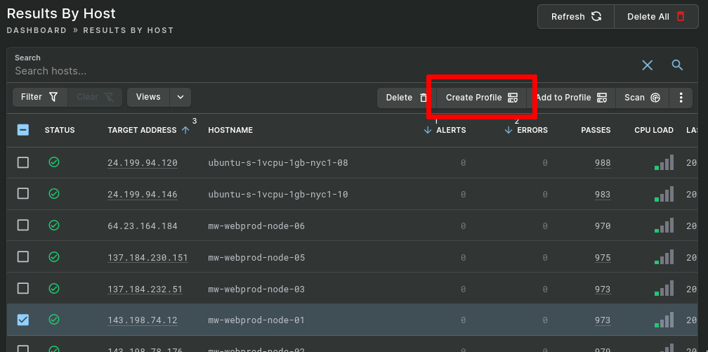 Screenshot showing the Result by Host list with the Create Profile button highlighted.