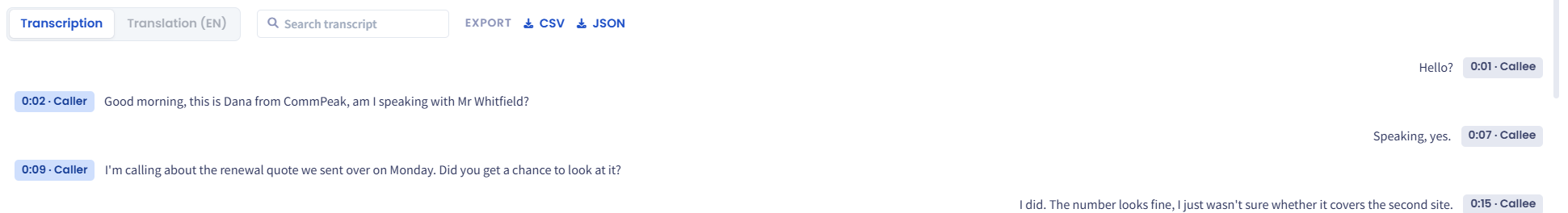 Screenshot of call transcription with callee and caller sides