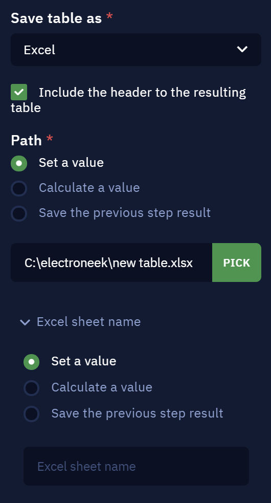 Options for Excel format