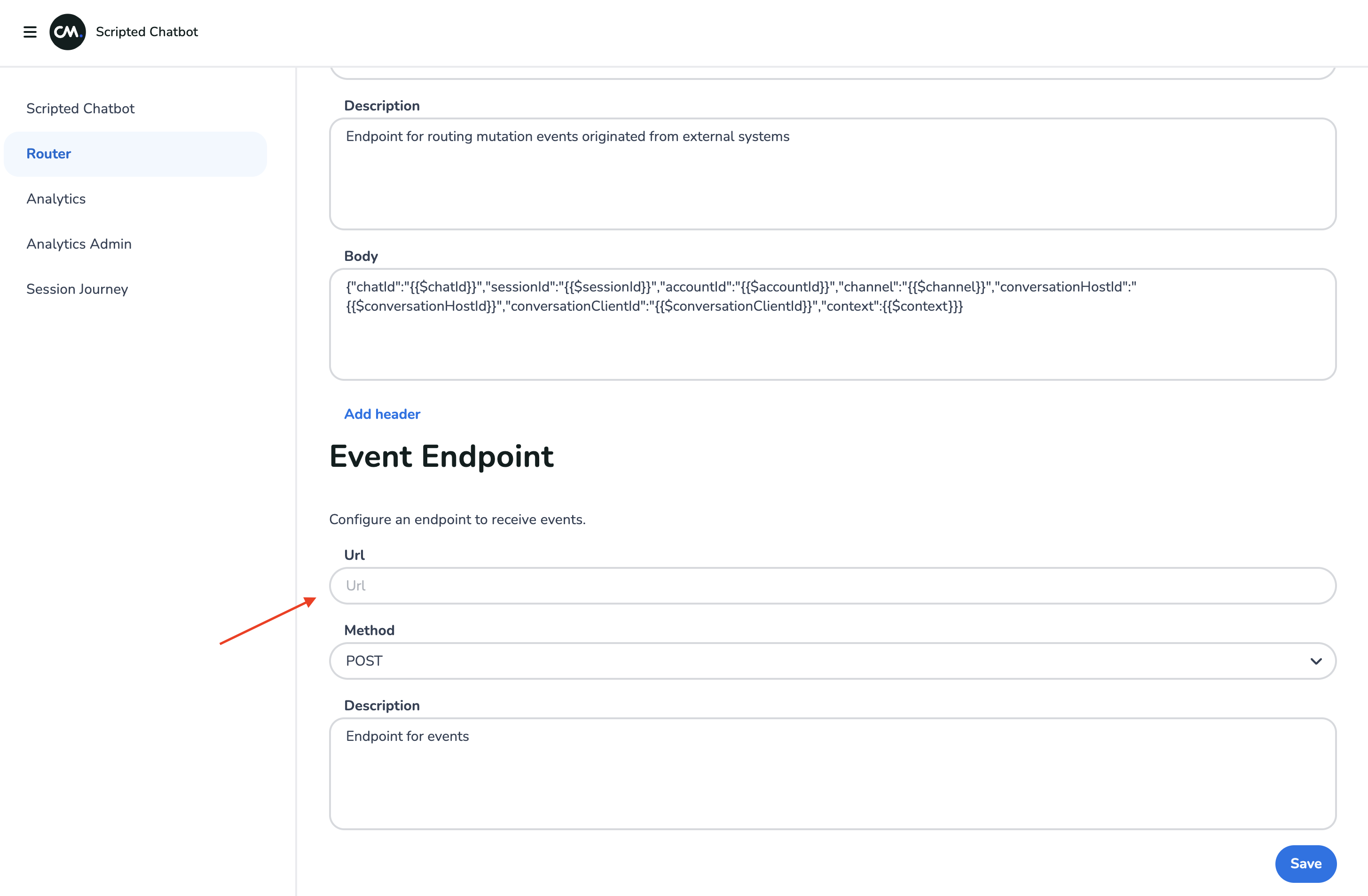 Fill out the URL to your events webhook here.