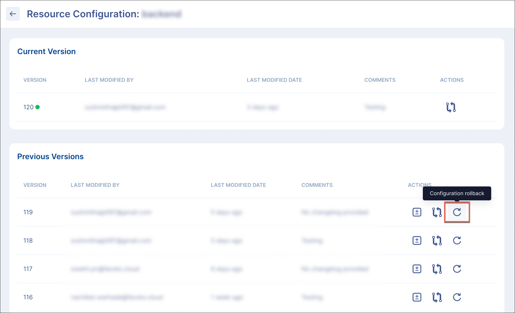 Rollback to previous configuration