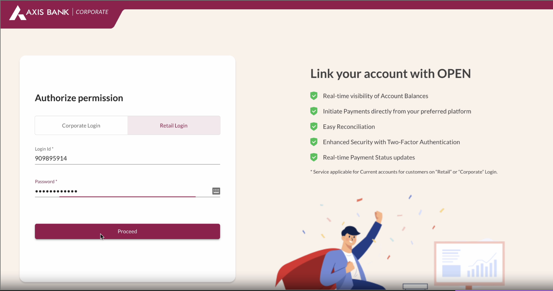 Credentials entered on the Axis Bank login page