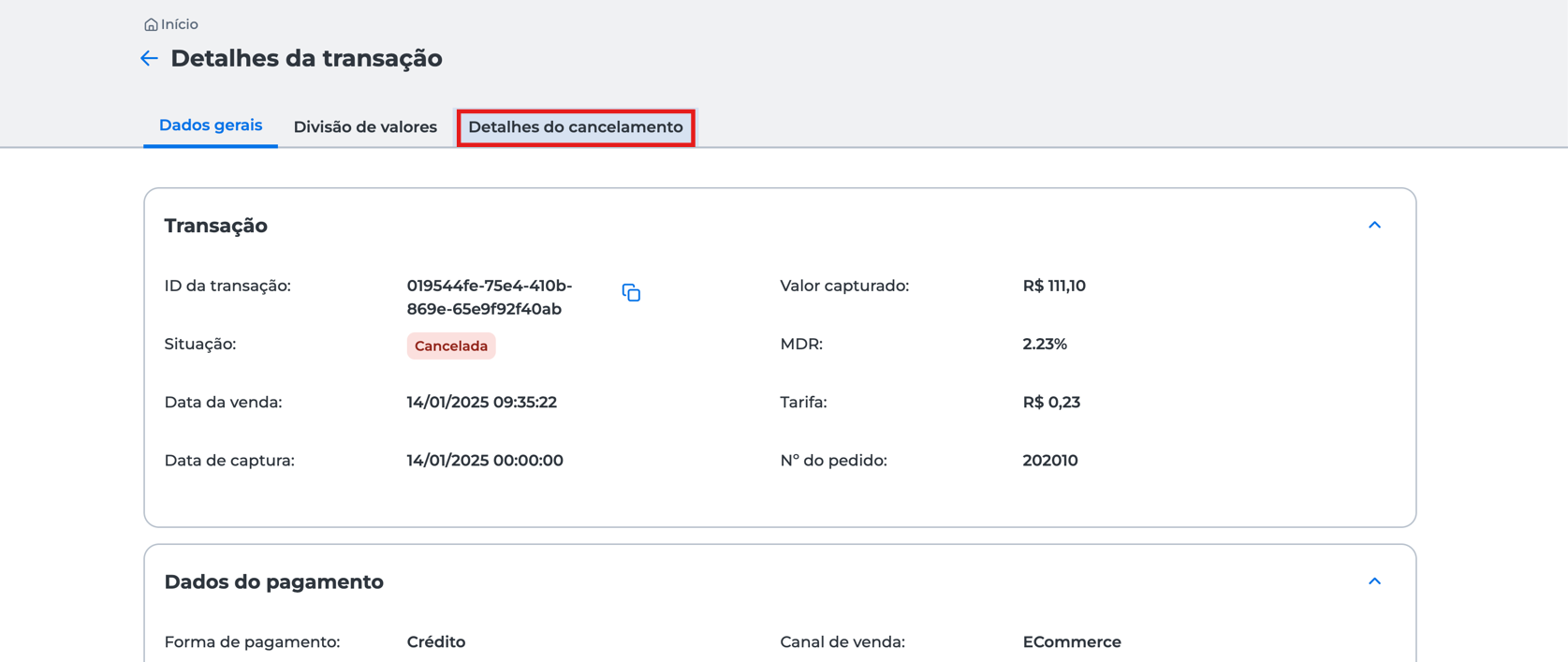 tela com os detalhes da transação