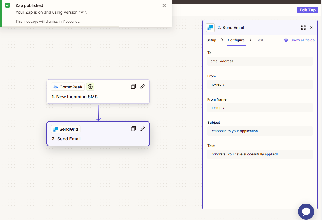 Screenshot of the Send Email in SendGrid event dialog: **Publish** option