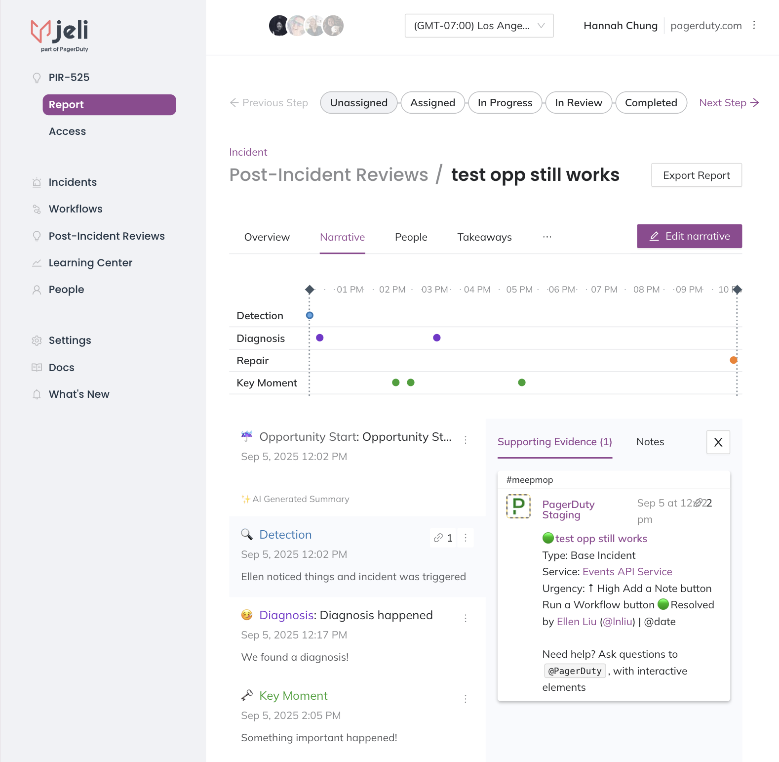 A screenshot of the Jeli web app UI showing an Opportunity's Narrative
