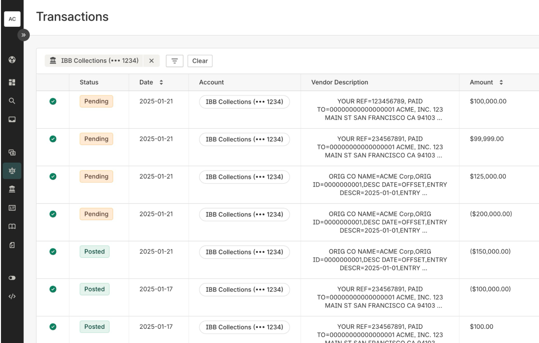 List of pending and posted Transactions