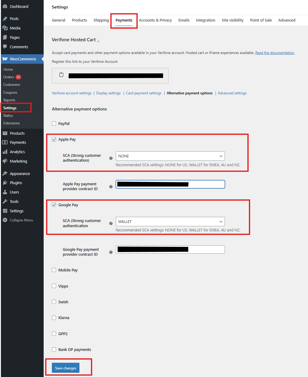 Alternative payment options settings