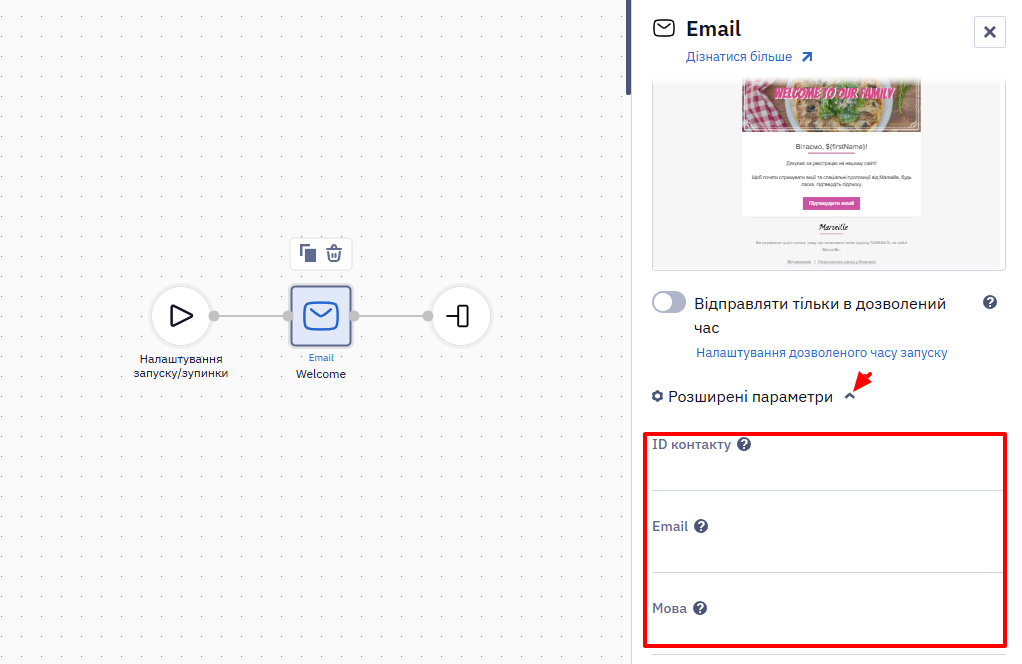 Розширені параметри блоку сценарію: ID контакту, Email, Номер телефону, Токен і Мова