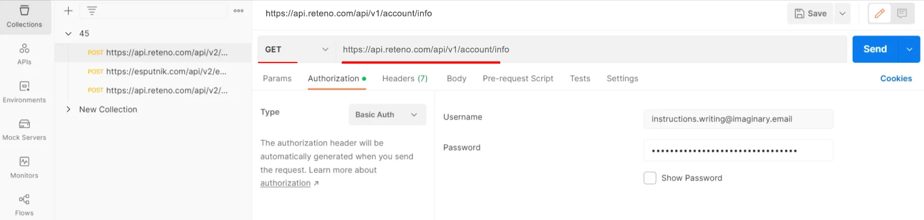 Postman request panel with the GET method and request URL field highlighted, and Basic Auth username and password entered below