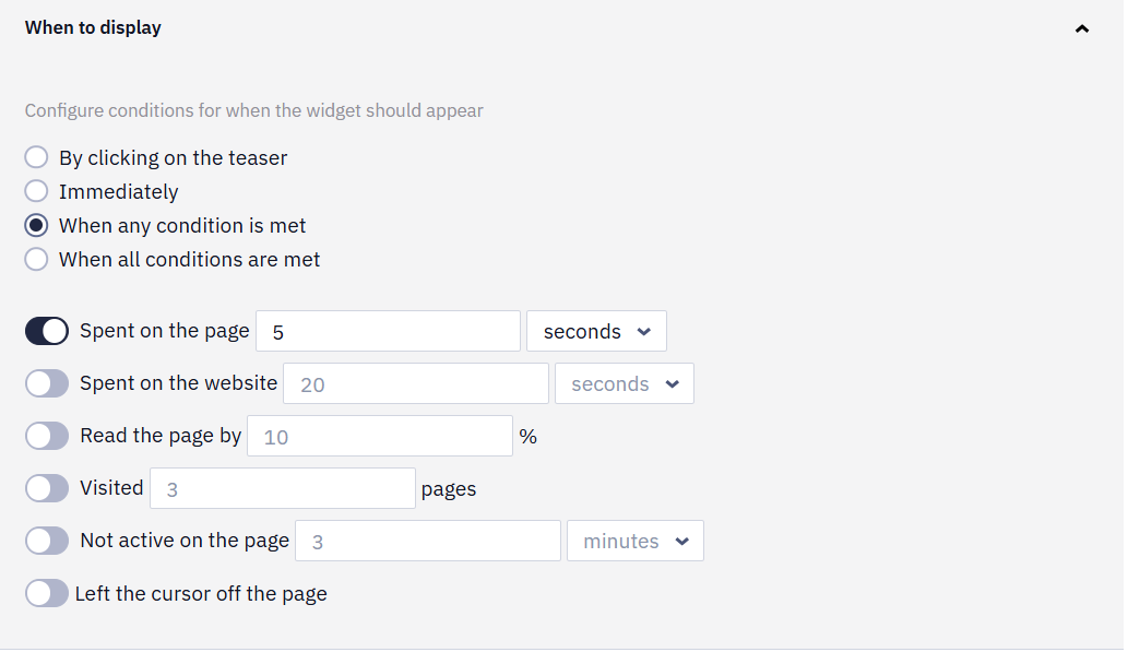 When to display panel with the options By clicking on the teaser, Immediately, When any condition is met, and When all conditions are met, and the list of conditions below them