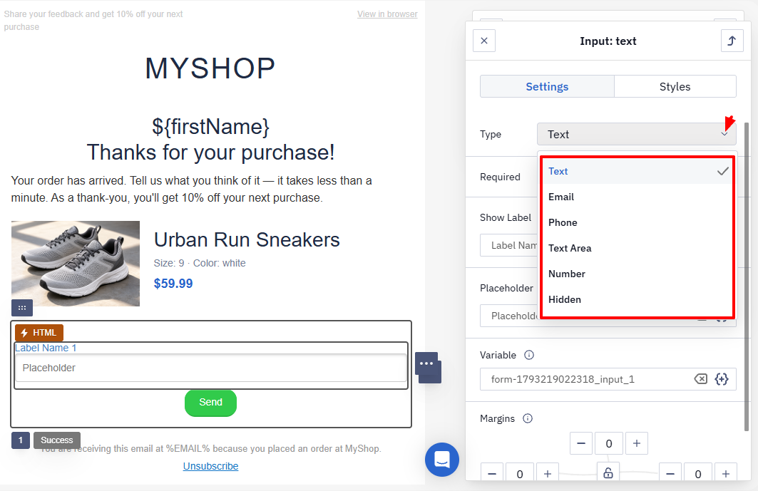 Field Type list with the Text, Email, Phone, Text Area, Number, and Hidden options