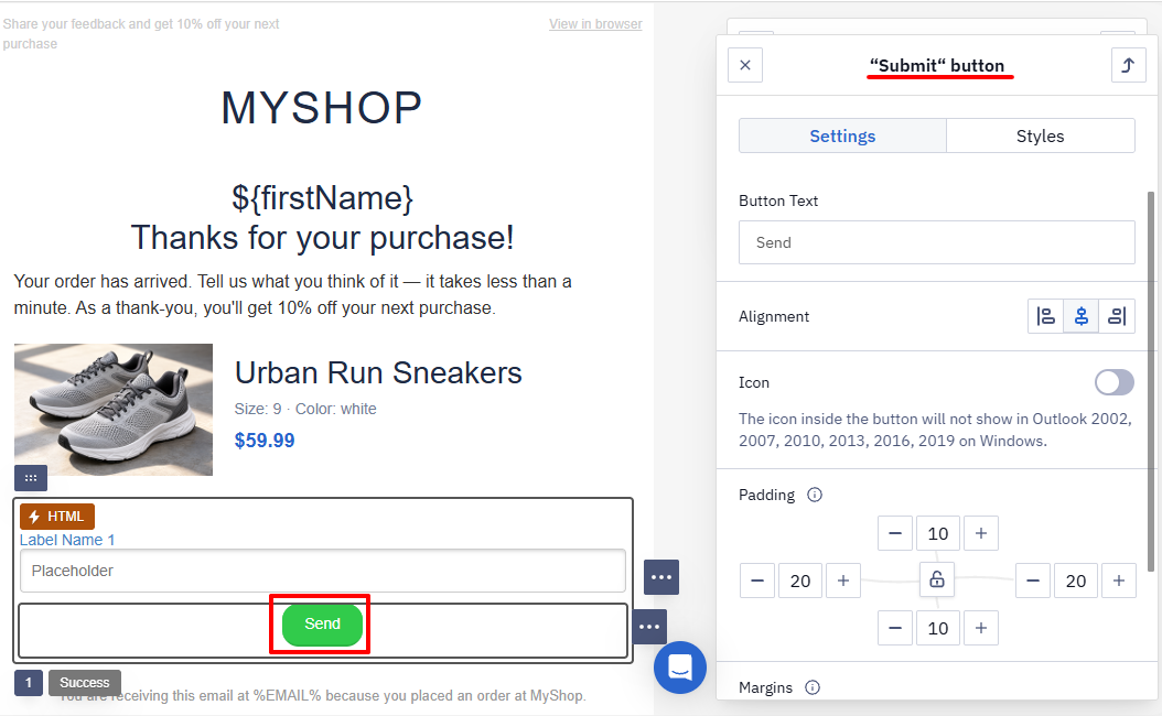Send button in the form and the Submit button settings panel