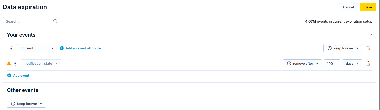 Data minimization settings screen showing options to set event data expiration period.