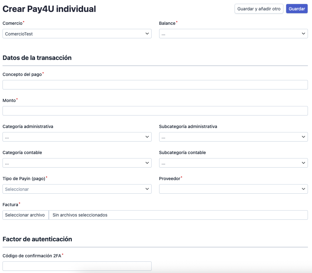 Formulario crear Pay4U individual