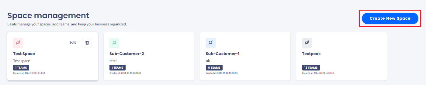 Screenshot of the 'Space Management' Dashboard displaying active spaces and the 'Create New Space' button.