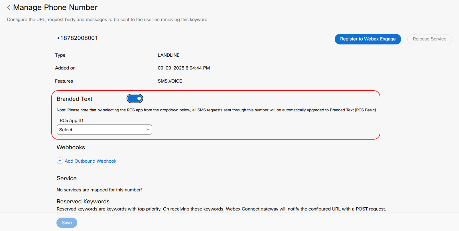 Screenhot of enabling Branded Text for a Number.