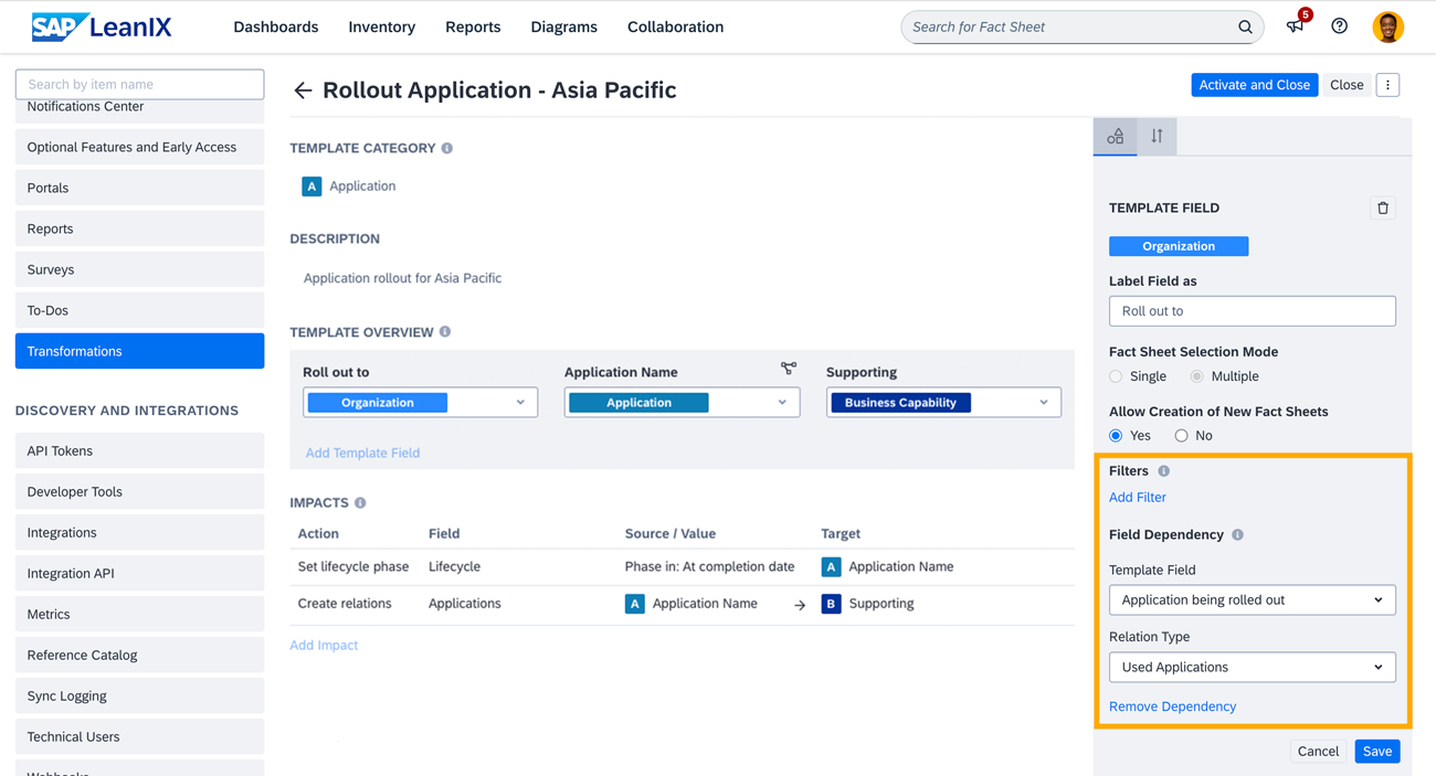 Predefining the Scope of Available Fact Sheets Using Filters and Field Dependency Settings