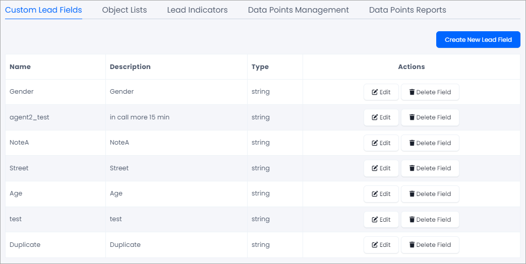 Screenshot of the Custom Lead Fields tab