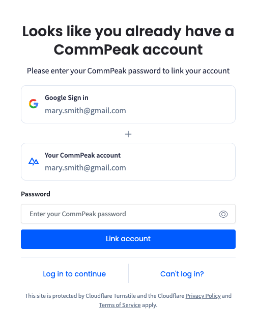 Screenshot of the Looks like you already have a CommPeak account form