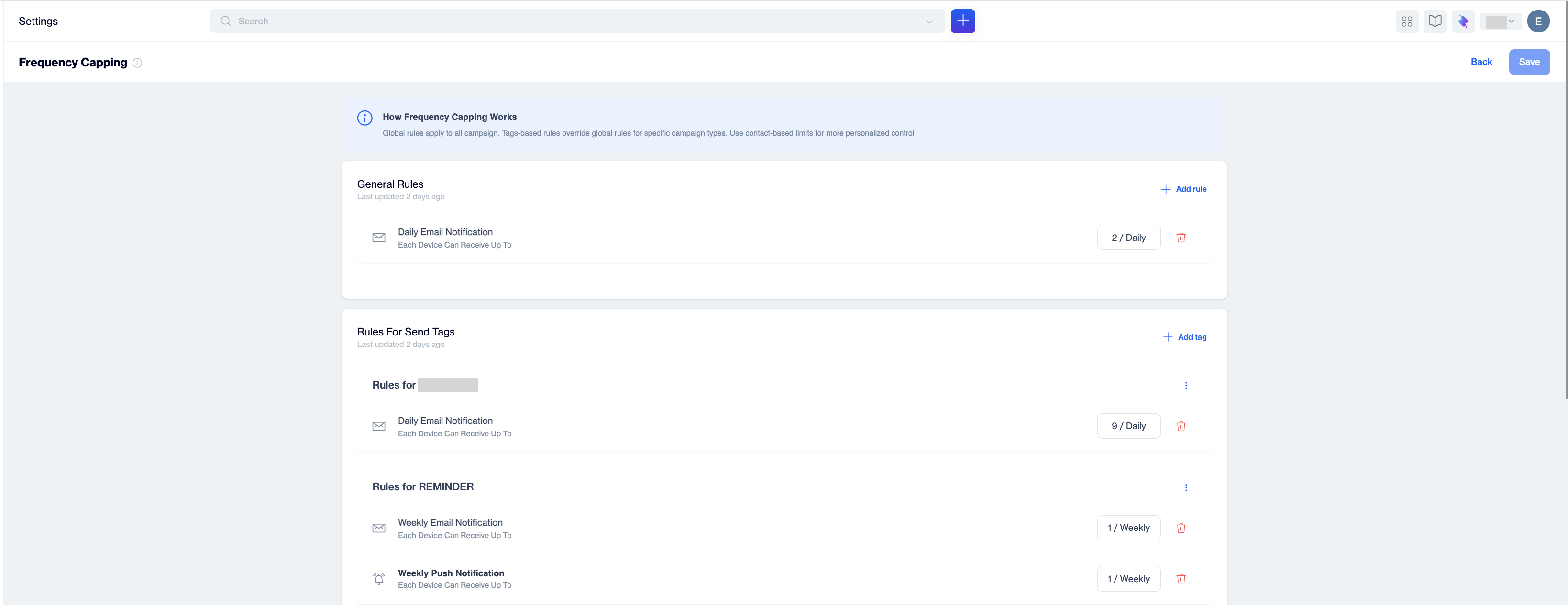 Frequency Capping page in Dengage Settings showing the General Rules section, the Rules For Send Tags section, and the Save button