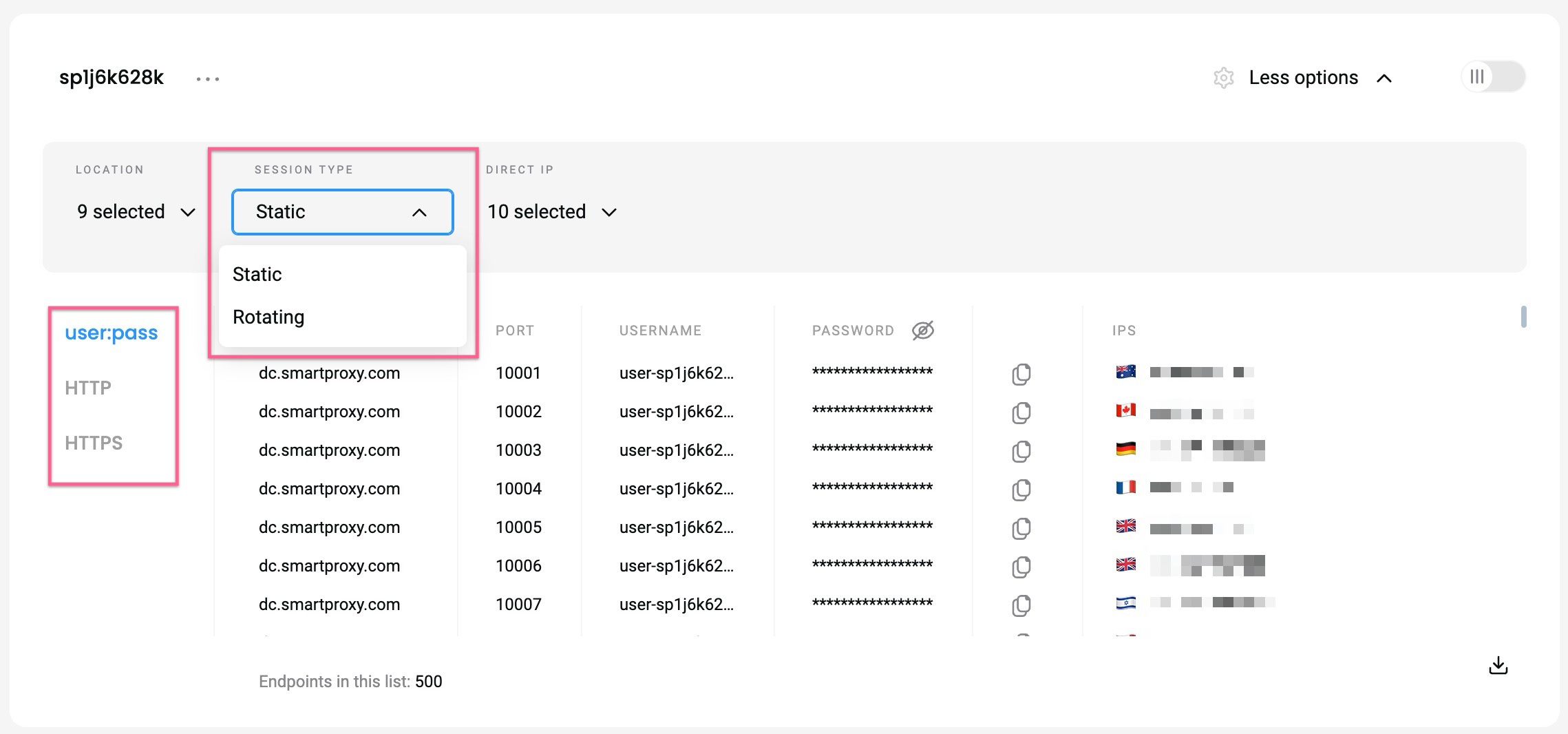 Session type and Protocol selection.