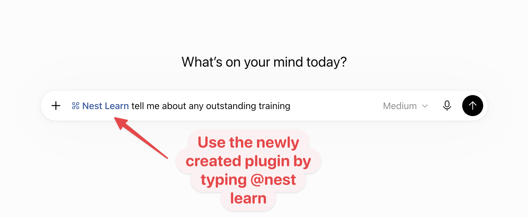 ChatGPT message box with the Nest Learn plugin selected before a question about outstanding training