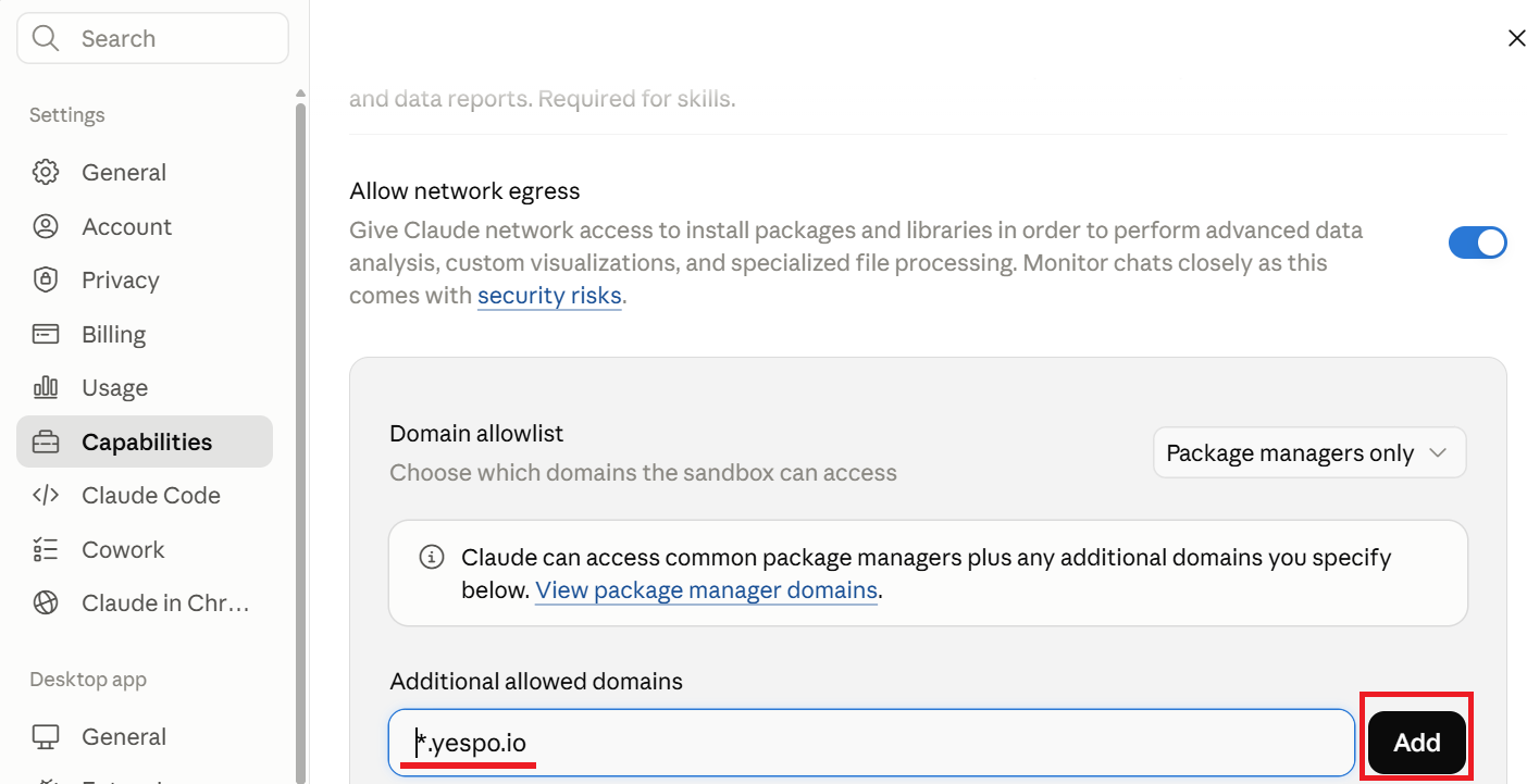 Yespo domain added to Additional allowed domains in Claude