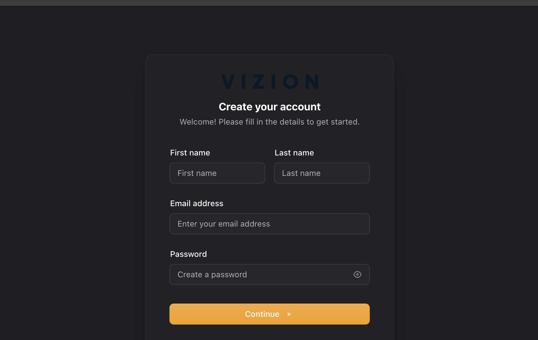 Screenshot: The sign-up form showing Name, Work email, Password fields and Continue button
