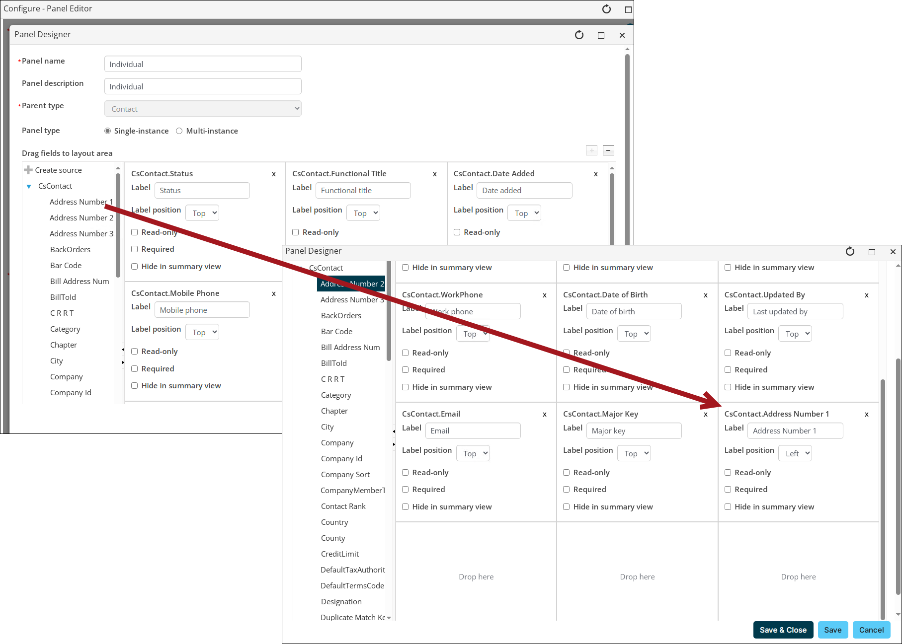 Drag properies to panel window