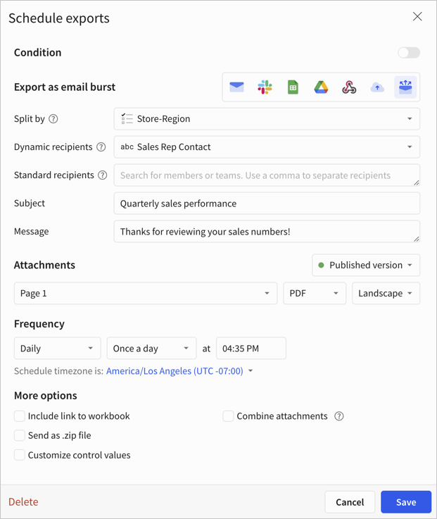 Schedule exports modal with email burst selected and the described options visible.