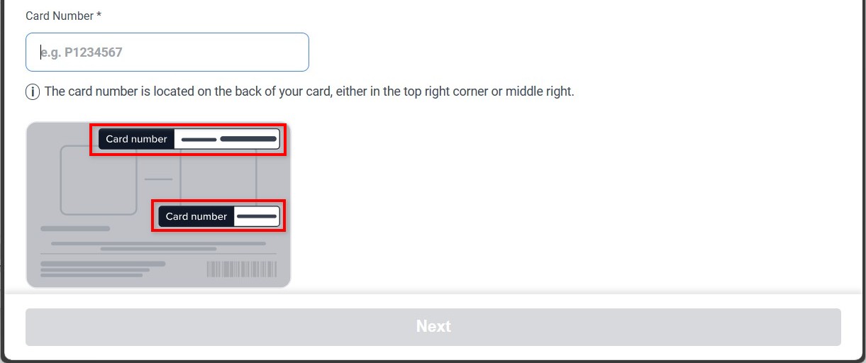 Sample card updated with visual cues for card number location.