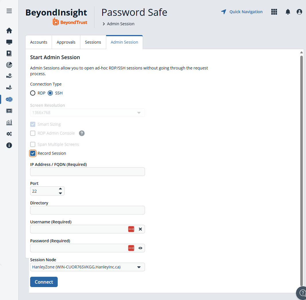 Password Safe Admin Sessions tab
