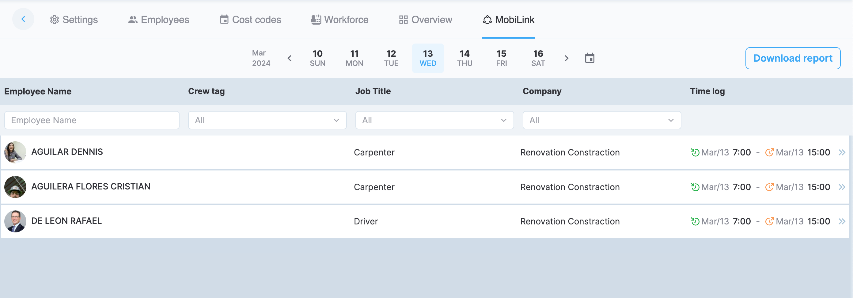 The MobiLink section with subcontractor data